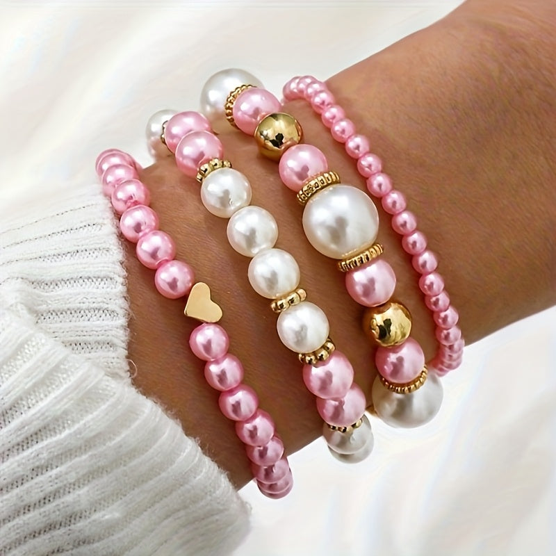 Elegant Heart Pearl Bracelet Set