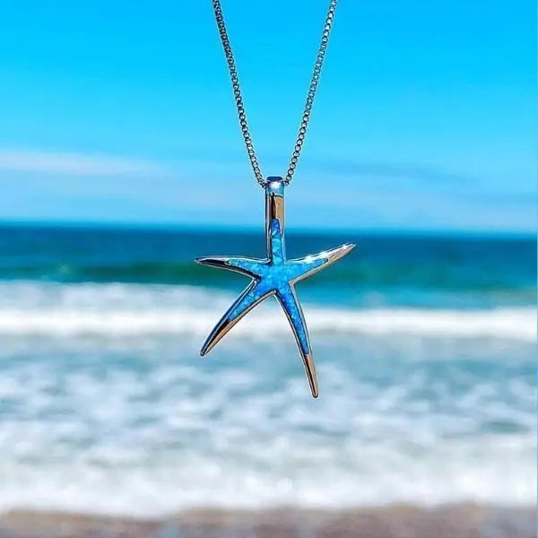 Sterling Silver Blue Opal Starfish Pendant Necklace