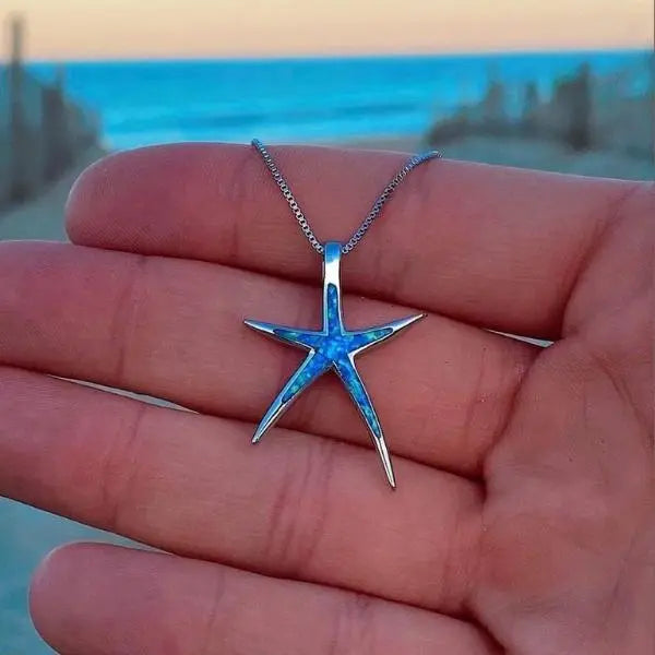 Sterling Silver Blue Opal Starfish Pendant Necklace