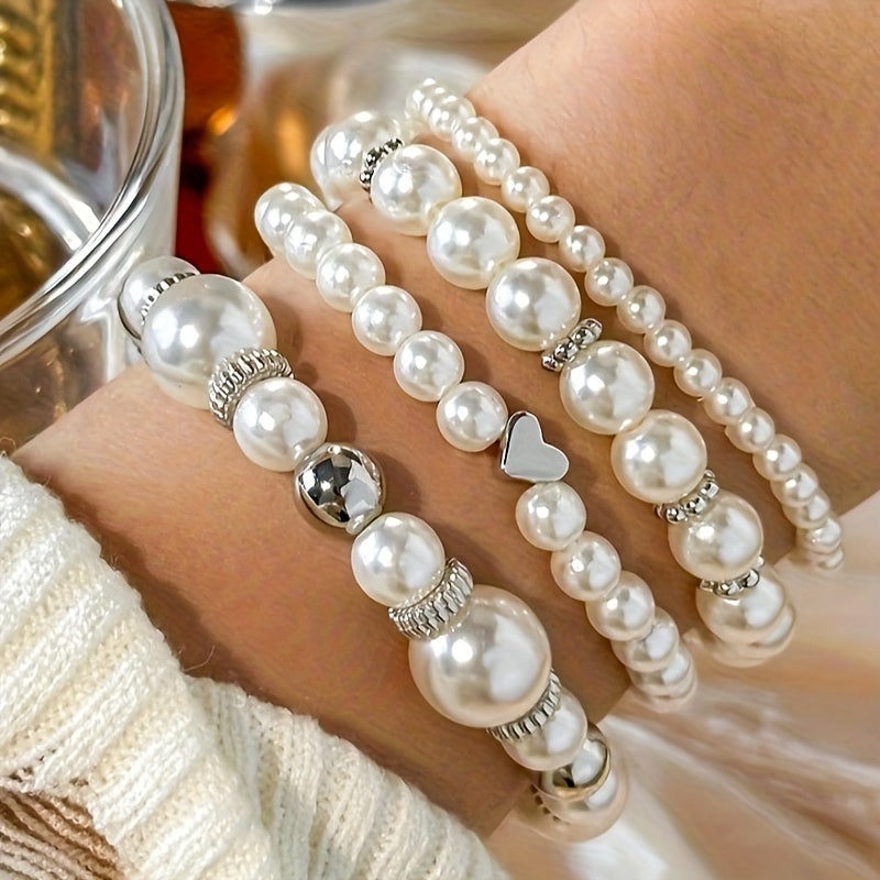 Elegant Heart Pearl Bracelet Set