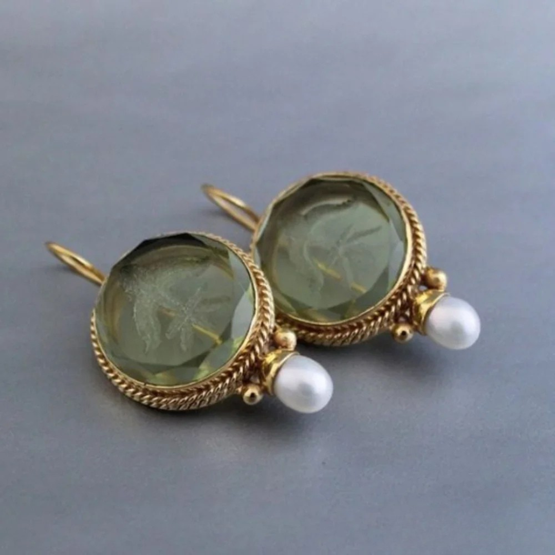 Vintage Classic Green Stone and Pearl Earrings