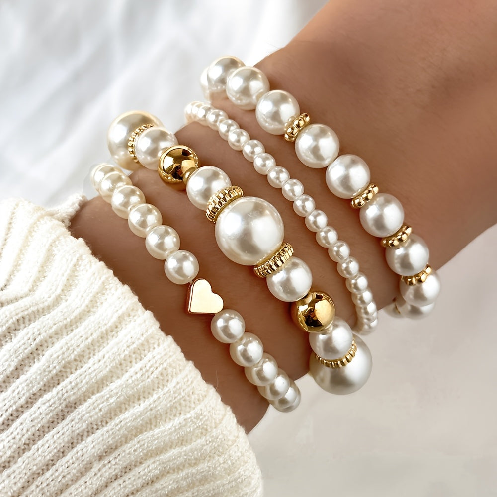 Elegant Heart Pearl Bracelet Set