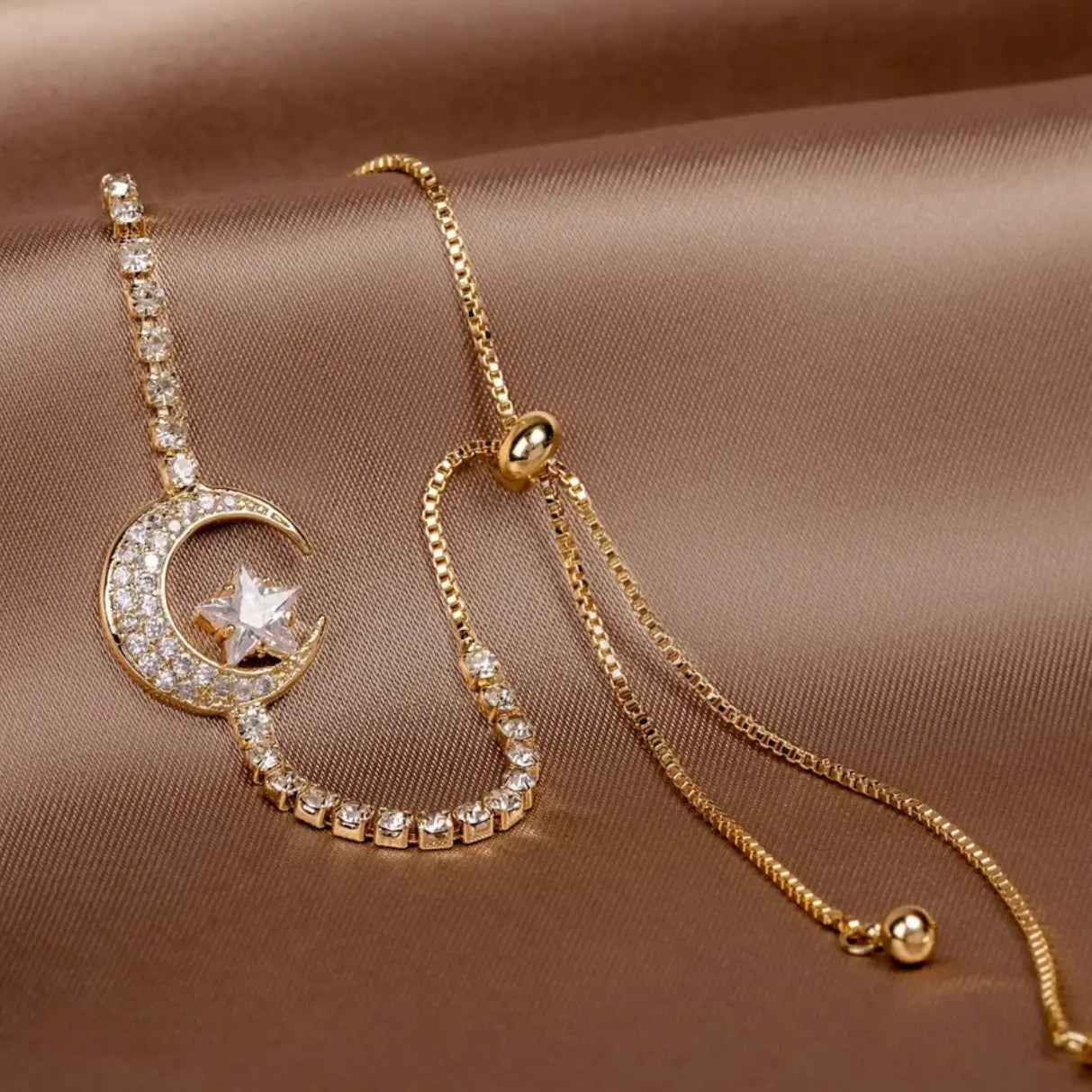 Gold Moon Charm Bracelet with CZ