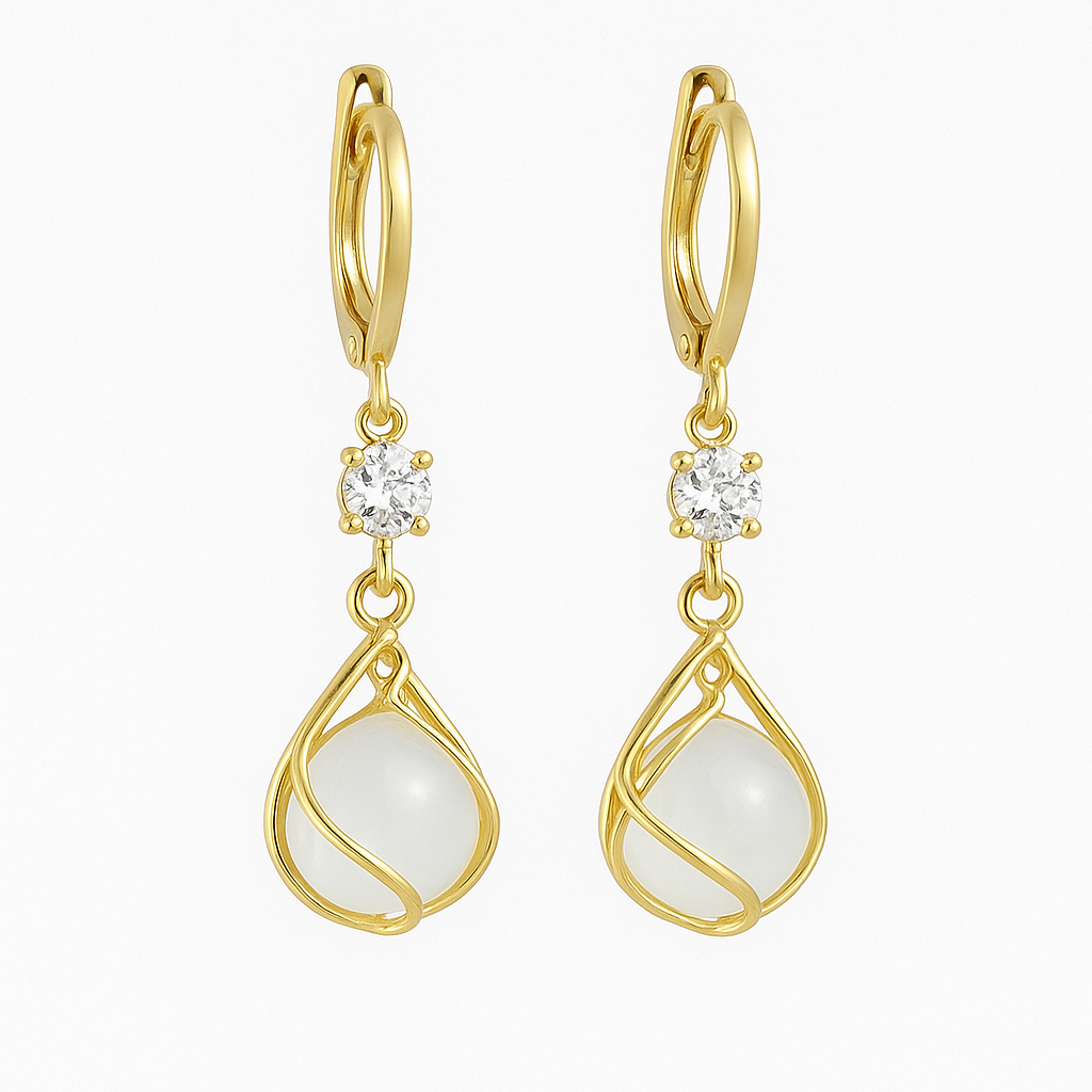 Gold White Opal Drop Earrings