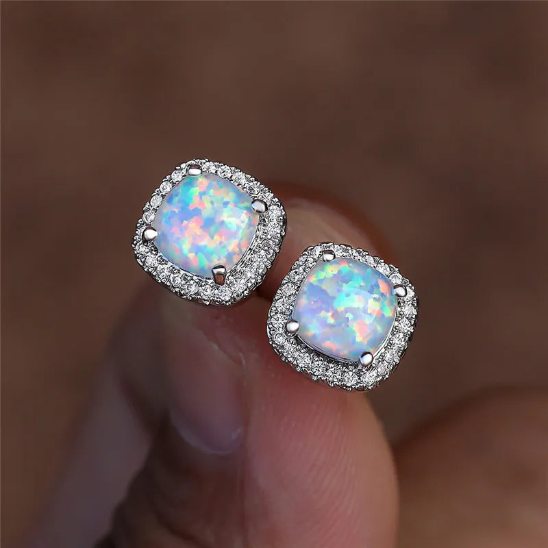 Elegant Sterling Silver White Fire Opal Round Stud Earrings