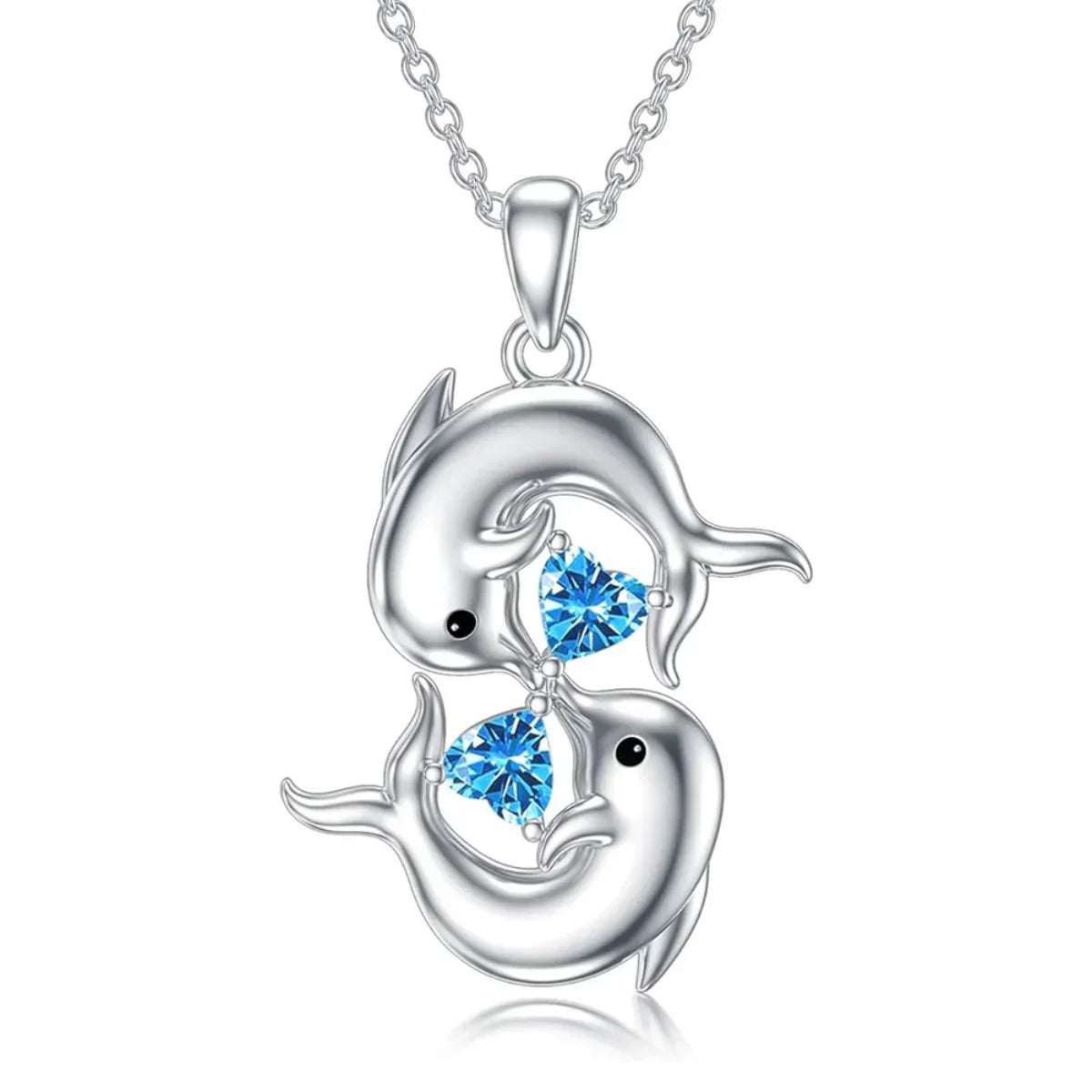 Sterling Silver Double Dolphin Blue Crystal Necklace