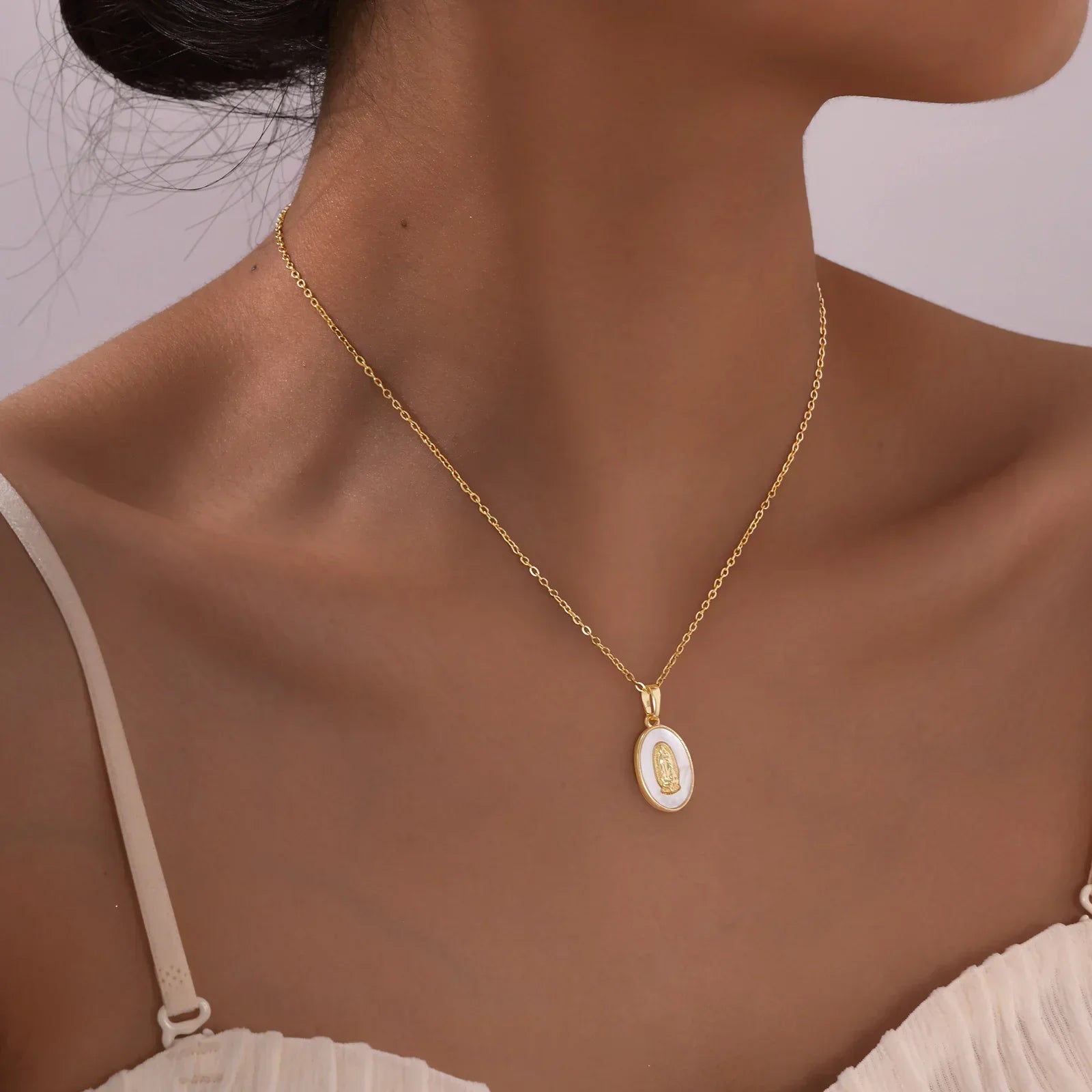 Gold Oval Madonna Pendant Necklace