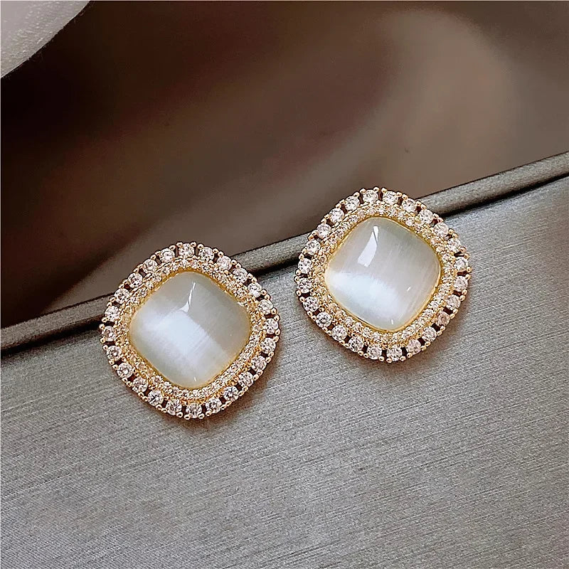 Chic Square Opal and Cubic Zirconia Stud Earrings