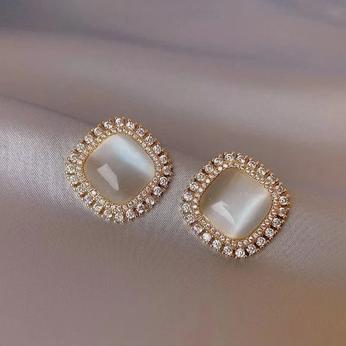 Chic Square Opal and Cubic Zirconia Stud Earrings