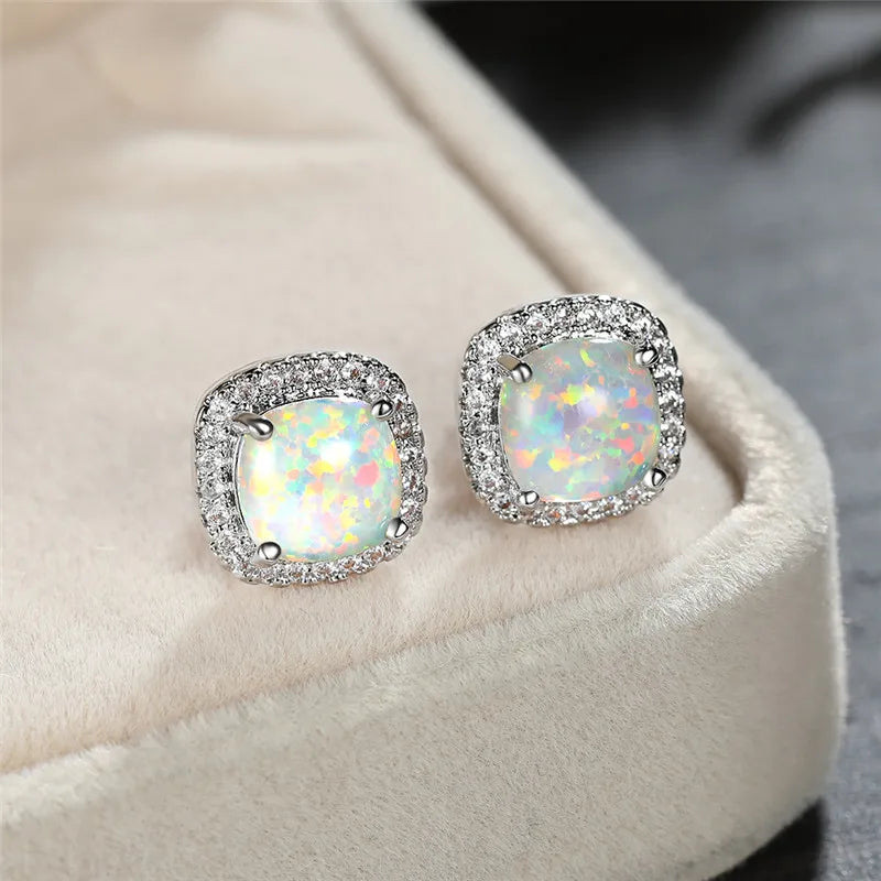 Elegant Sterling Silver White Fire Opal Round Stud Earrings