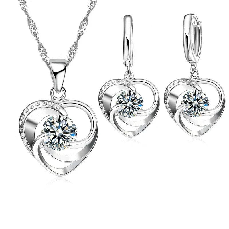 Sterling Silver Heart Necklace and Earrings Set
