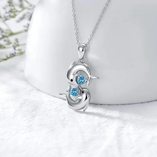 Sterling Silver Double Dolphin Blue Crystal Necklace