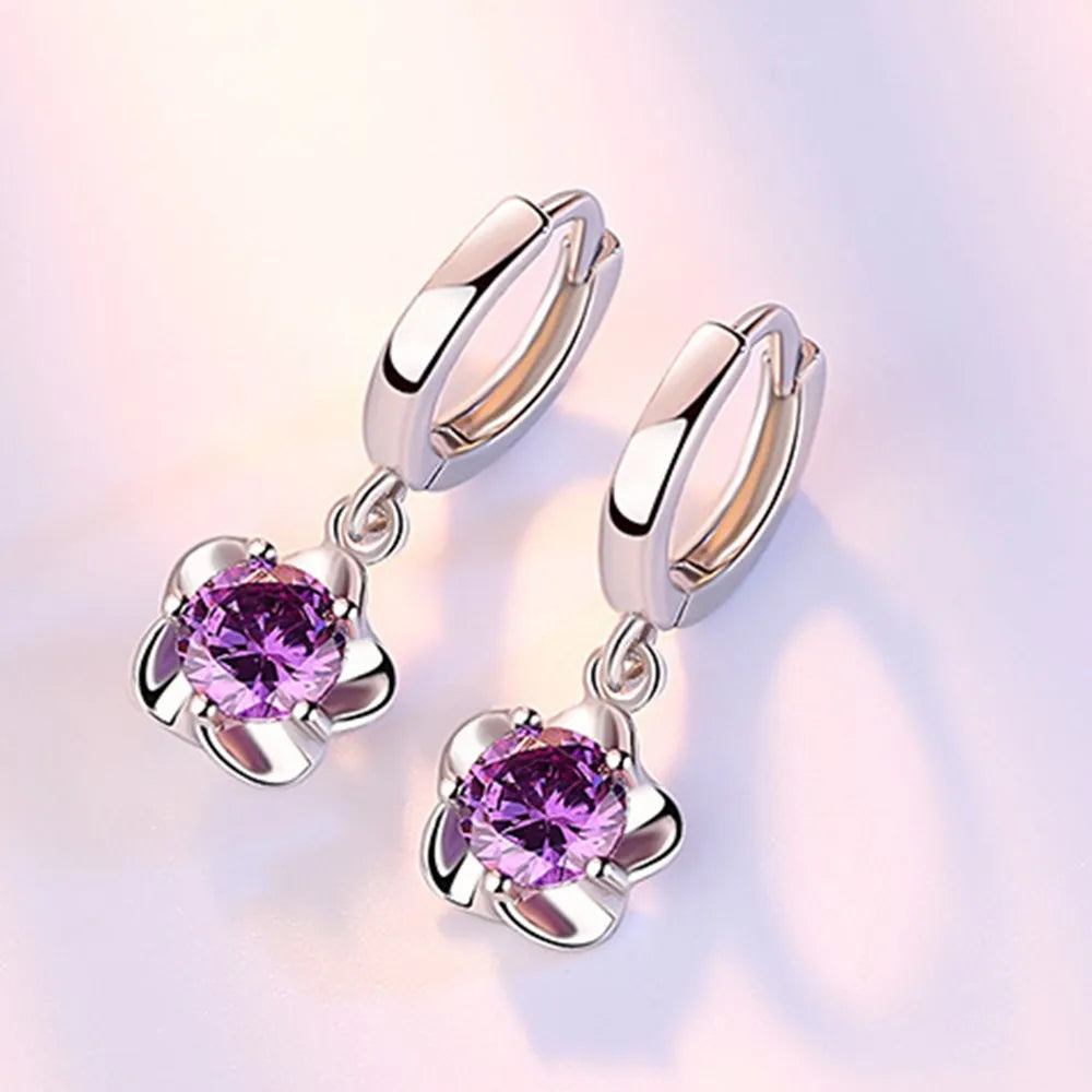 Sterling Silver Purple and White Cubic Zirconia Earrings