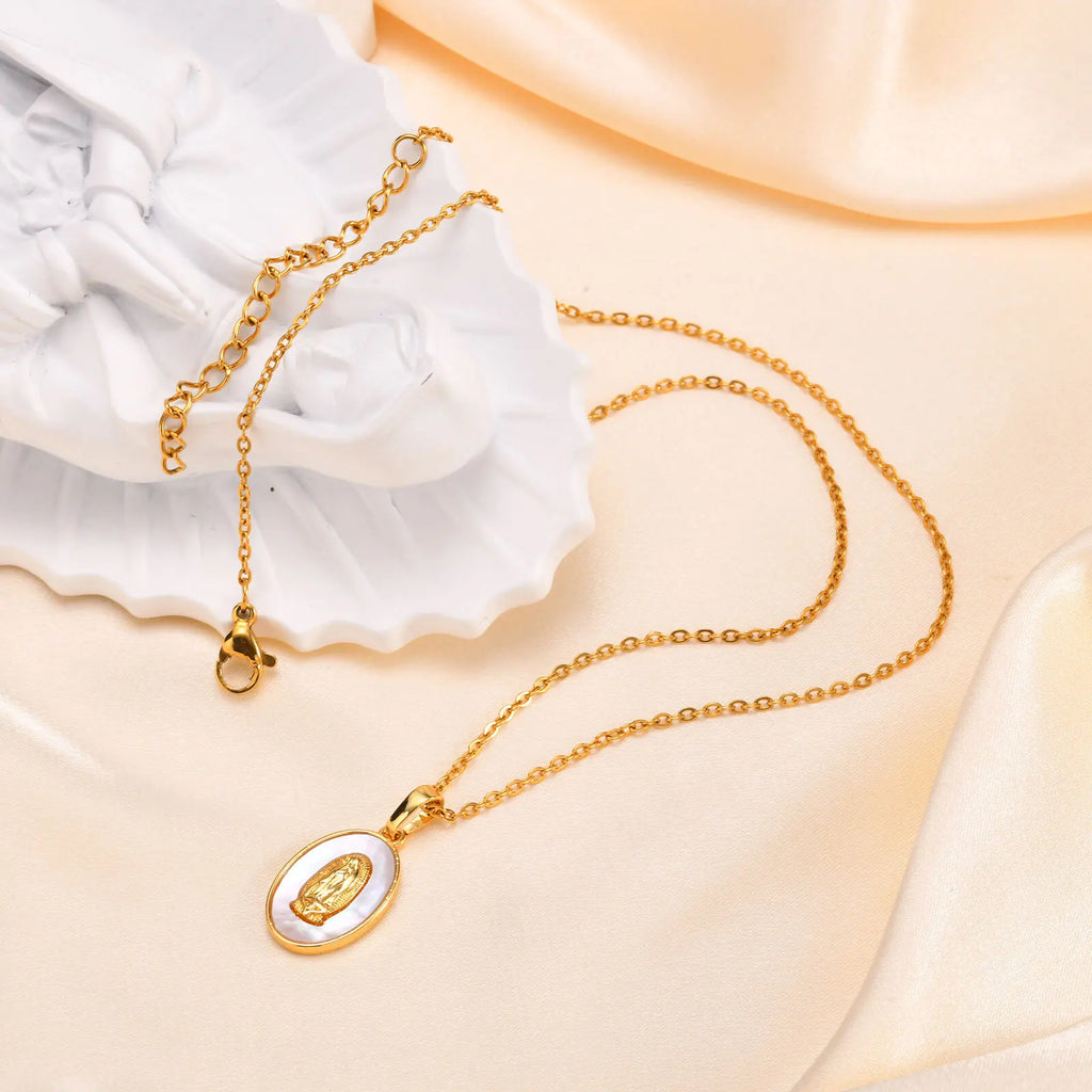 Gold Oval Madonna Pendant Necklace