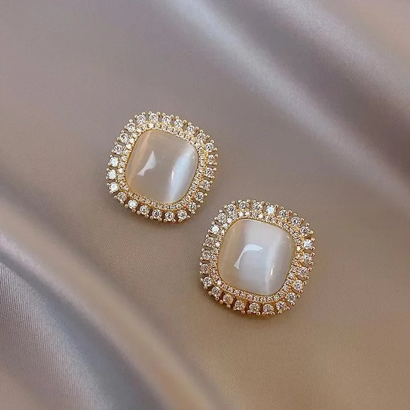 Chic Square Opal and Cubic Zirconia Stud Earrings