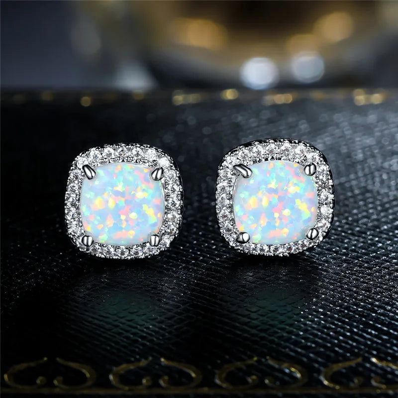 Elegant Sterling Silver White Fire Opal Round Stud Earrings