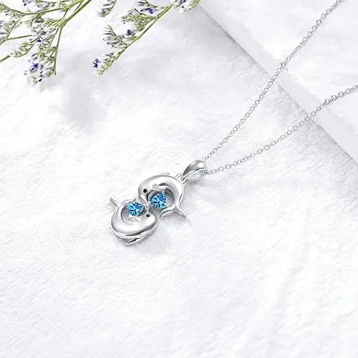 Sterling Silver Double Dolphin Blue Crystal Necklace