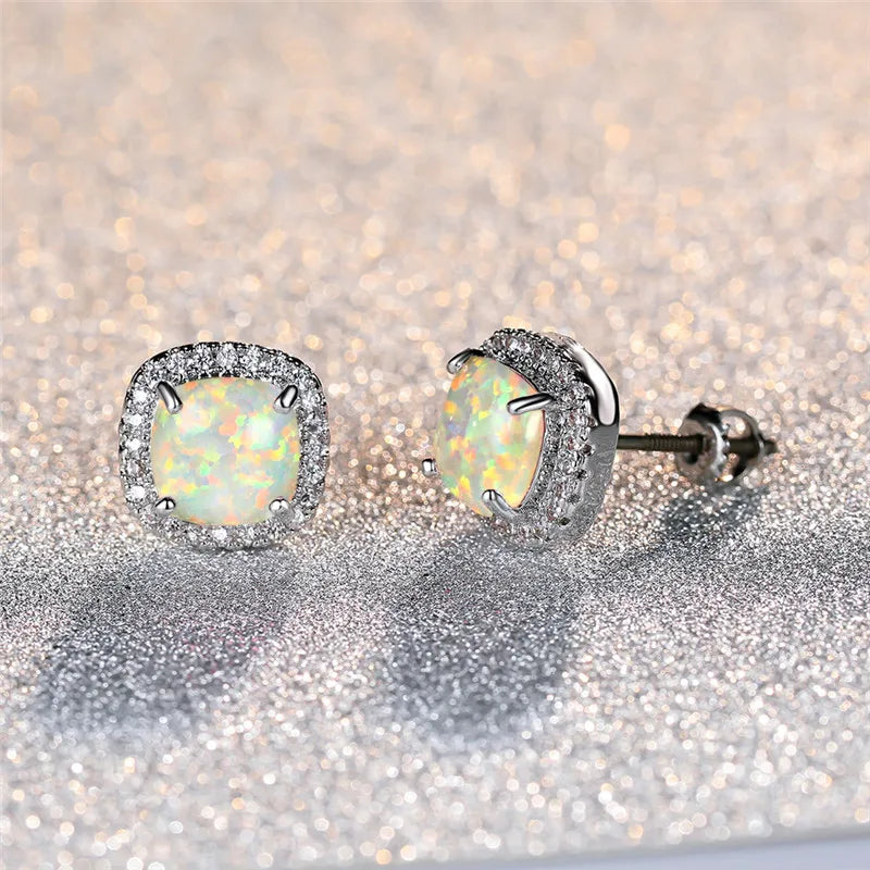Elegant Sterling Silver White Fire Opal Round Stud Earrings