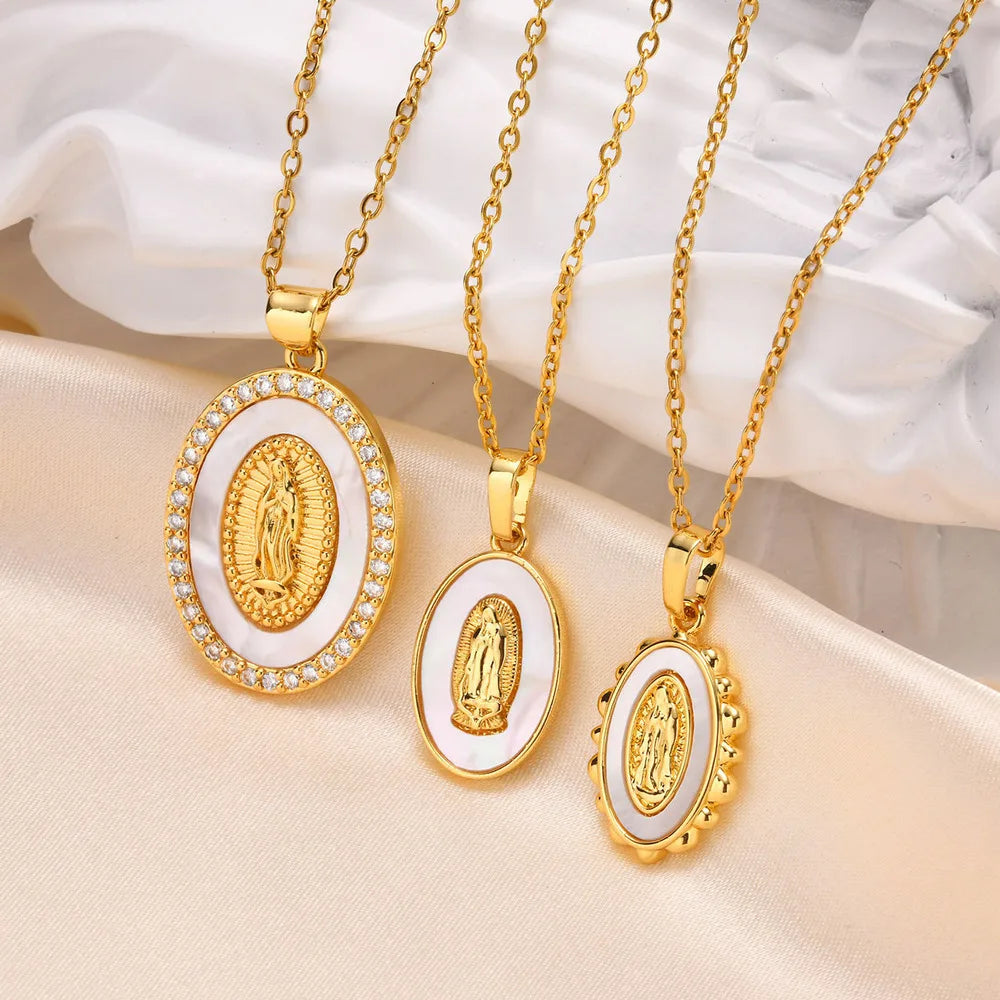 Gold Oval Madonna Pendant Necklace