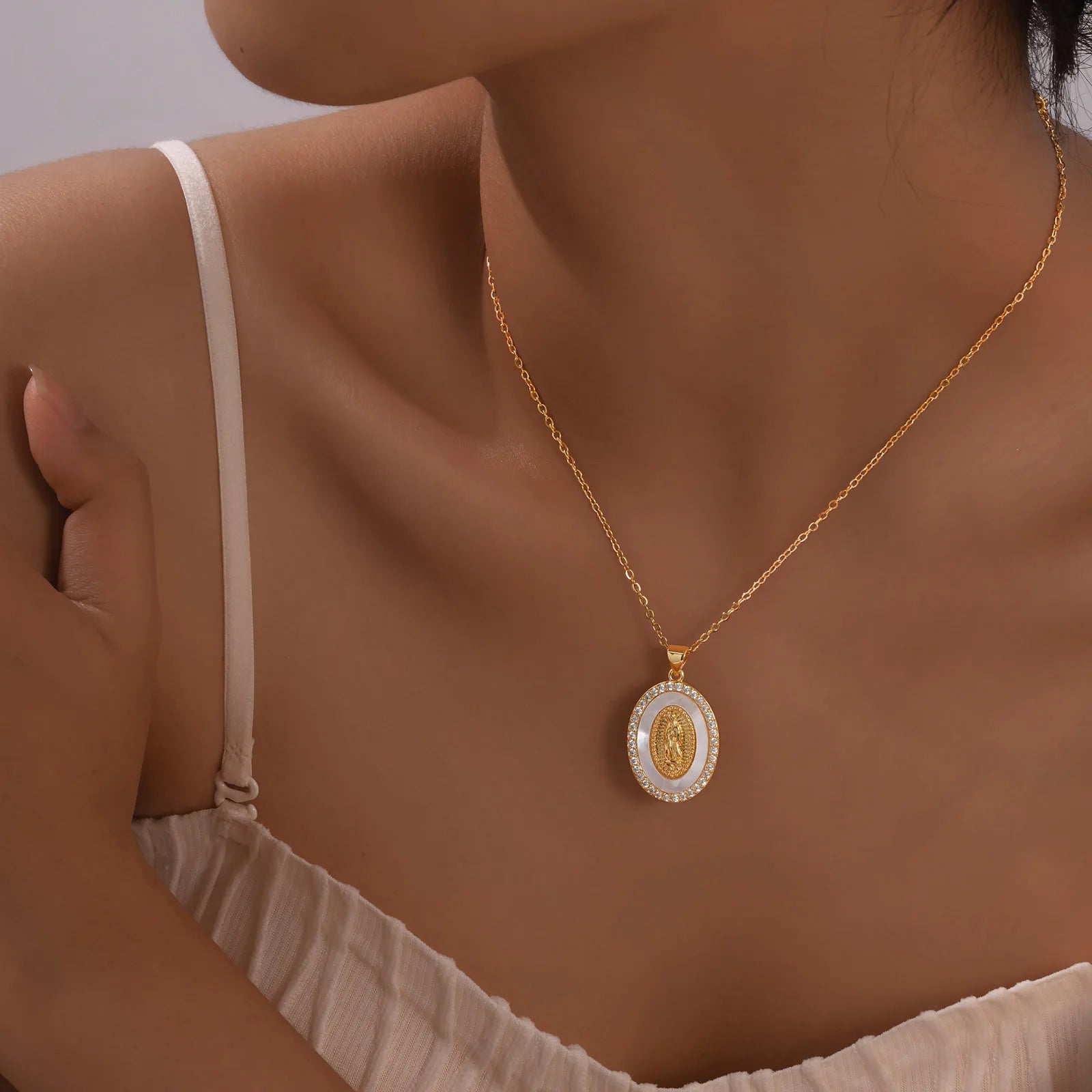 Gold Oval Madonna Pendant Necklace