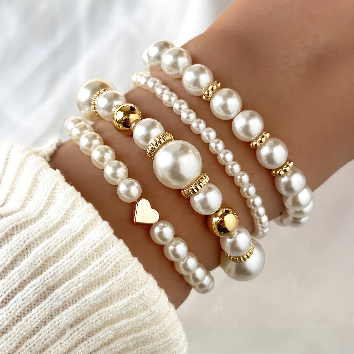 Elegant Heart Pearl Bracelet Set