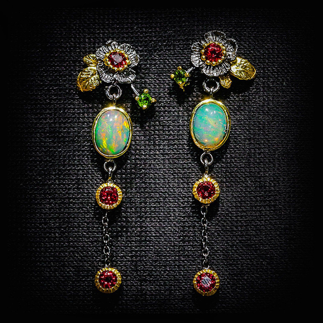 Boho Opal Earrings with Red CZ