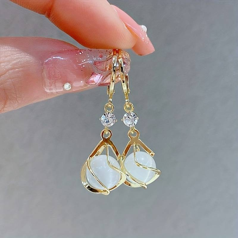 Gold White Opal Drop Earrings