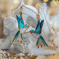 Orecchini Pendenti con Colibrì in Oro e Smalto Blu