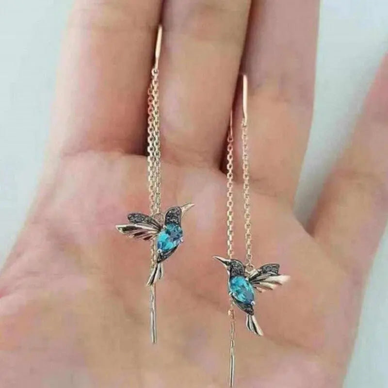 Gold Crystal Hummingbird Threader Earrings