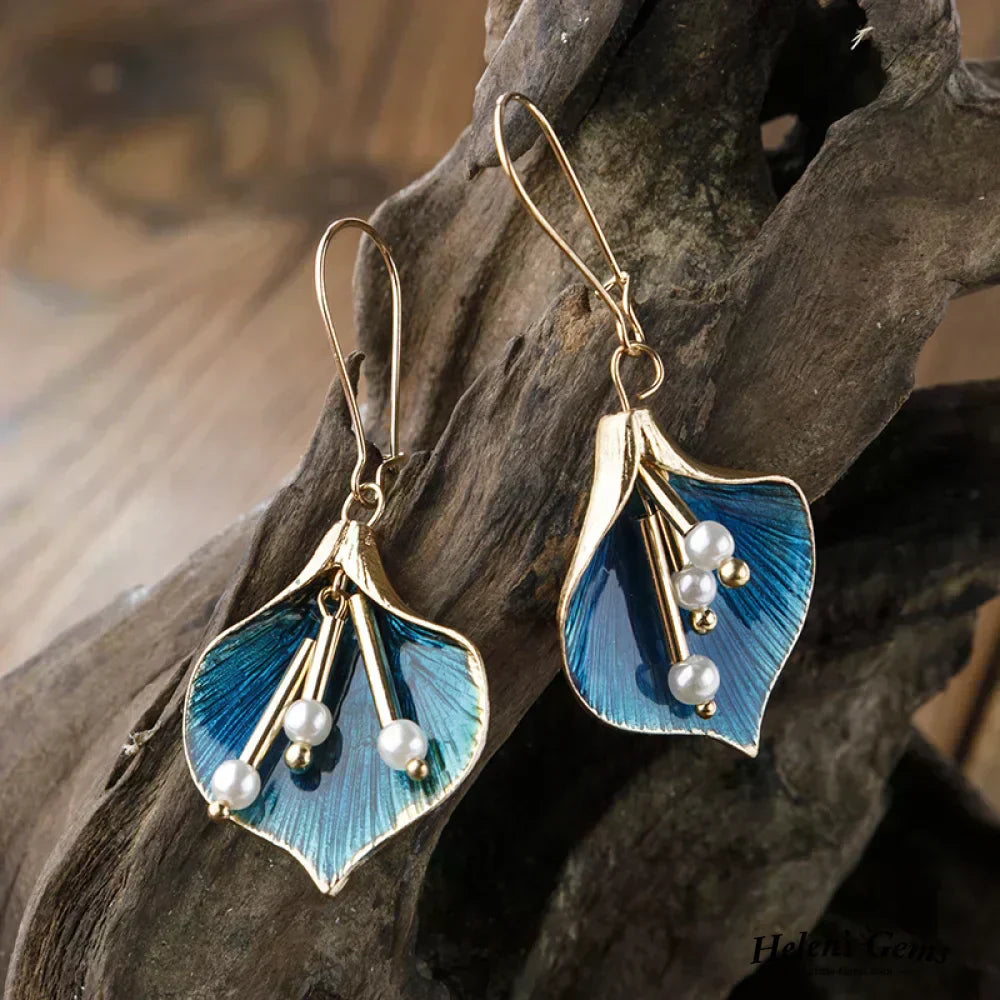 Gold and Blue Lily Pearl Drop Earrings